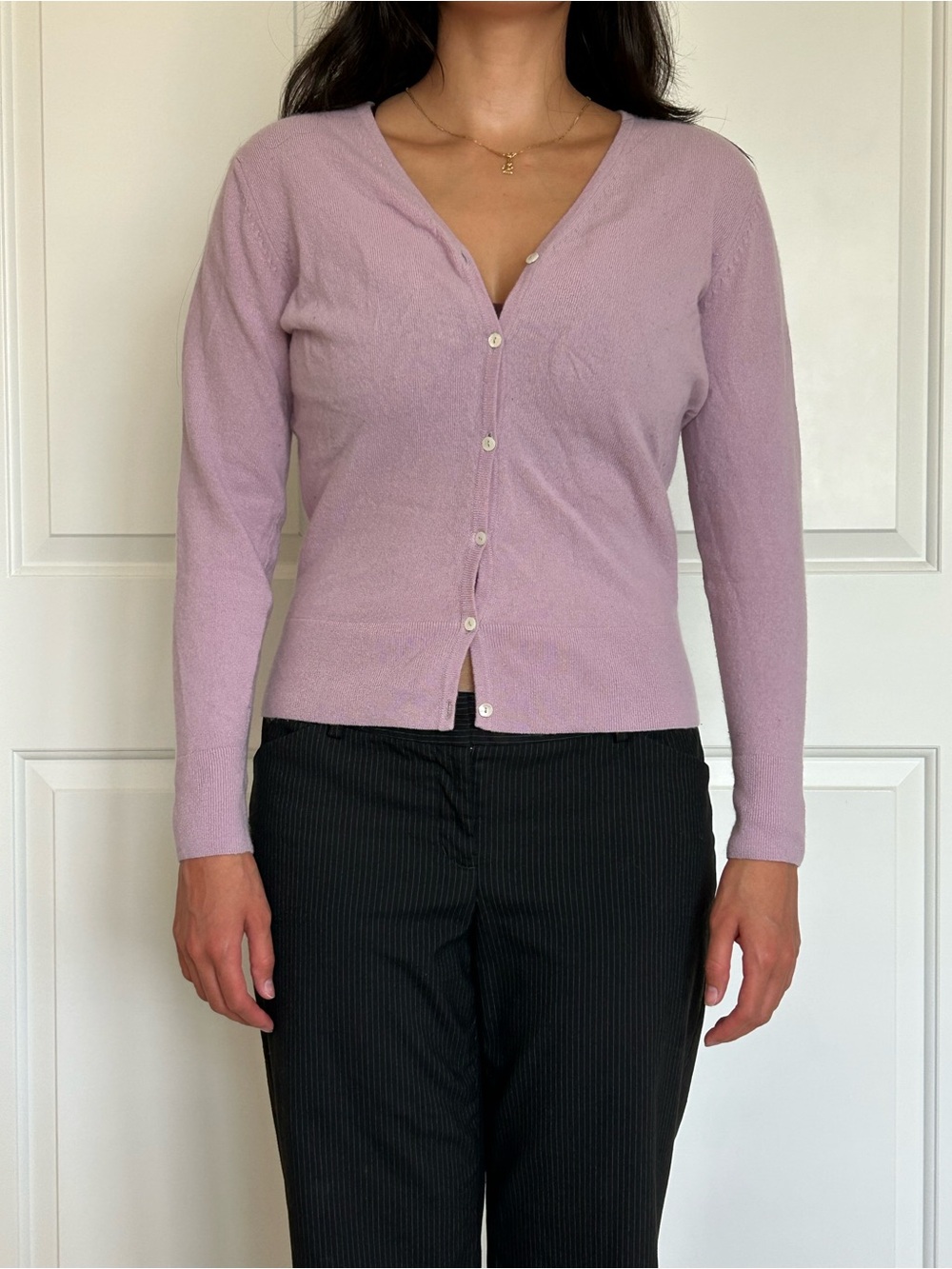 100% Wool- Lavender V-Neck Knit Button Cardigan